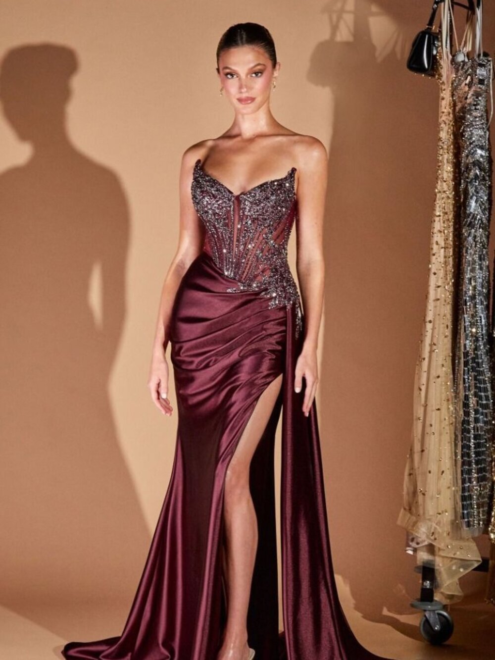 New Plum Noir Satin Evening Long Gown w/ Sweetheart Neck & Lace Up CD722
